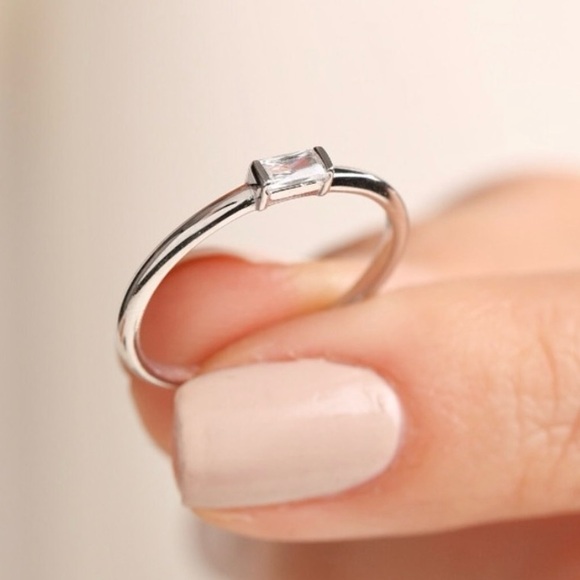 Minimalist Emerald Cut Gem Rectangle Sterling Silver Stacking Ring - Picture 8 of 15